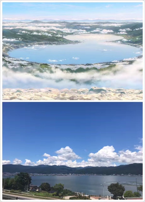 什么样的沿途风景时,大巴上的到站提醒牌上出现了三个大字  "诹访湖"